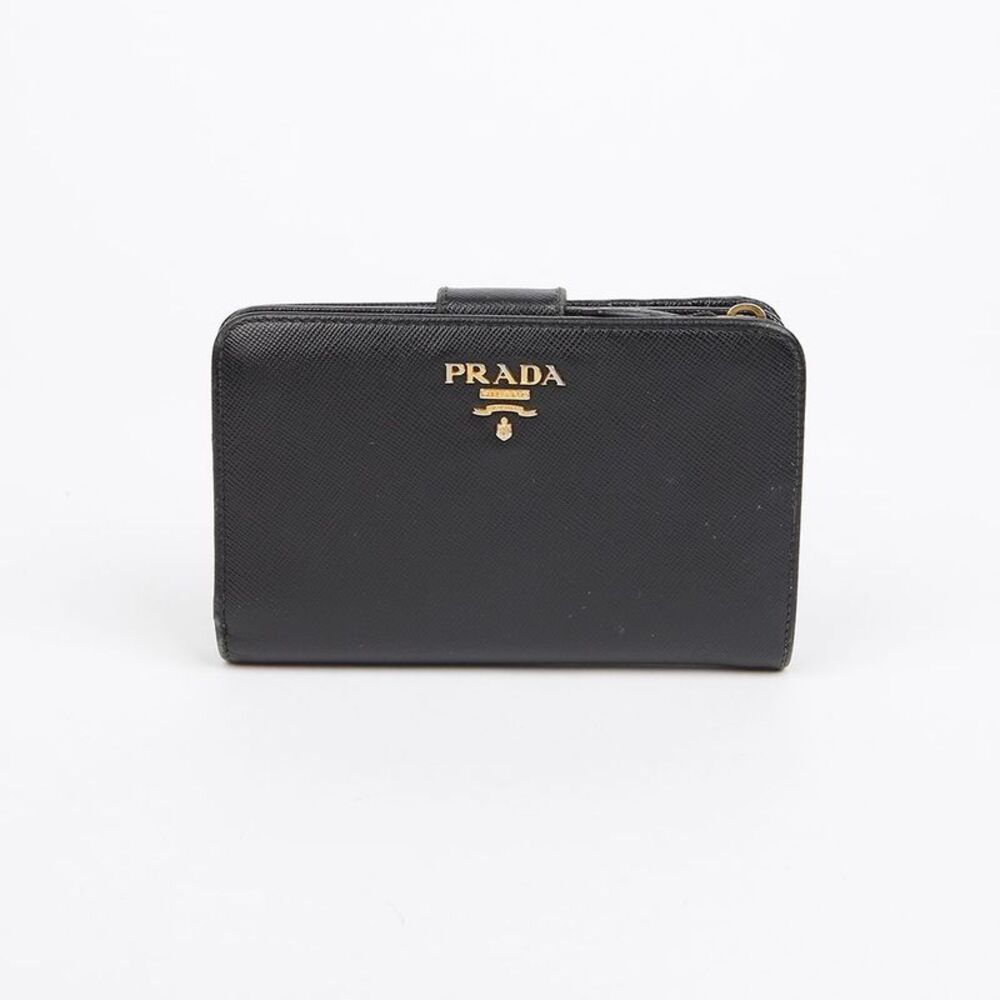 Metal Logo Saffiano Leather Wallet Black